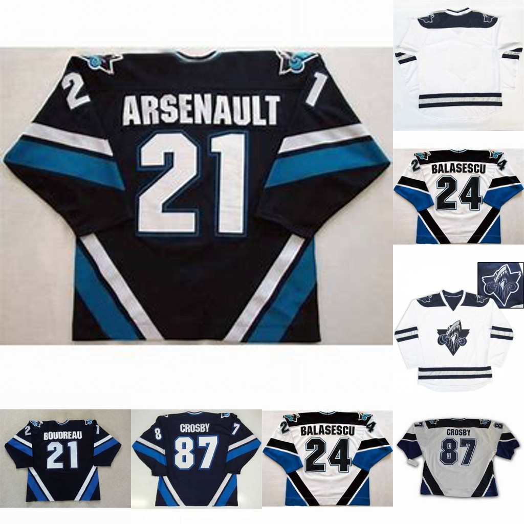

Rimouski Oceanic 87 Sidney Crosby 24 Gabriel Balasescu 21 Benoit Arsenault Mens Womens Youth cusotm any name any number Hockey Jersey, 87 sidney crosby white