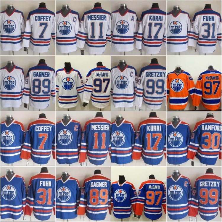 

Edmonton 7 Paul Coffey Vintage CCM Jersey 31 Grant Fuhr Oilers 89 Sam Gagner 17 Jari Kurri 99 Wayne Gretzky 11 Mark Messier 30 Bill Ranford, As pic