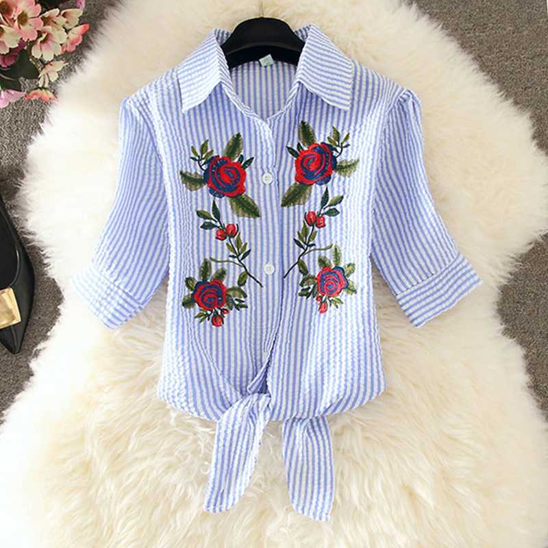 

2020 Summer Fashion Stripe Blouse Short Sleeve Shirt Women Blouses Chiffon Embroidery Shirts White Blue Top Blusas Women Tops, White plum blossom