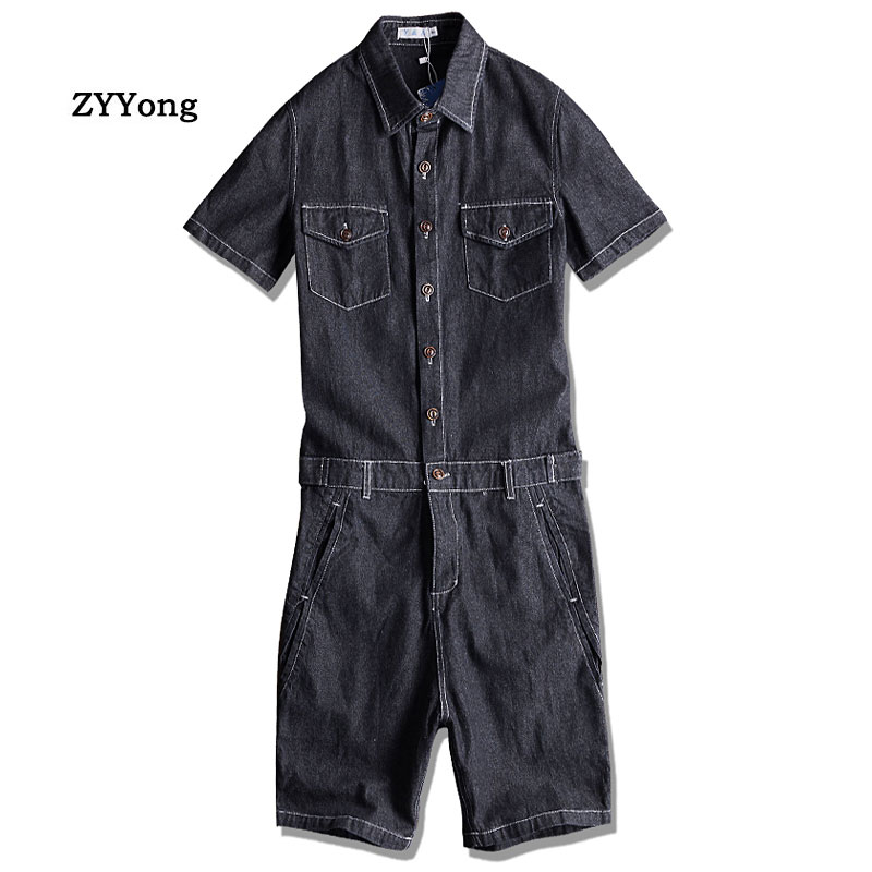 

Summer Men Denim Jumpsuit Lapel Short-Sleeve Alphabet Cartoon Printing Overalls Hip-Hop Streetwear Jeans Short Cargo Pants, Black