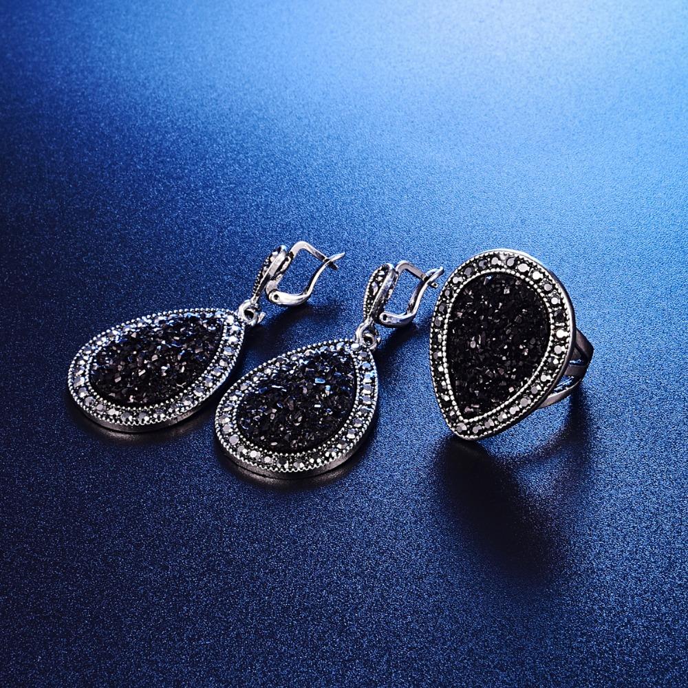 

Earrings & Necklace Fashion Vintage Black Broken Stone Women Jewelry Antique Silver Crystal Water Drop Pendant Sets 3Pc 20% Factory price expert design Quality, As pic