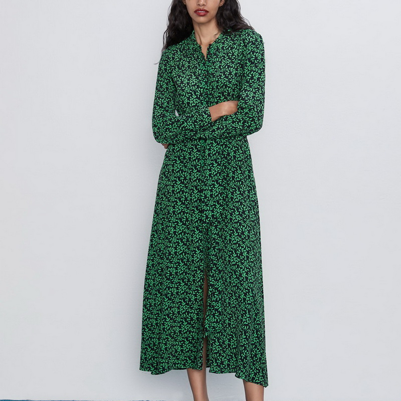 

Women Long Dress Autumn 2020 New Fashion Floral Green Prints Vestidos Full Sleeve Modern Lady Maxi Dresses