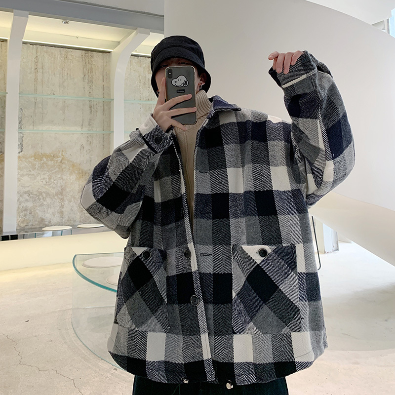 

Autumn Plaid Jacket Men' Fashion Retro Casual Jacket Man Streetwear Wild Hip Hop Loose Bomber Mens Outwear -XL, Blue
