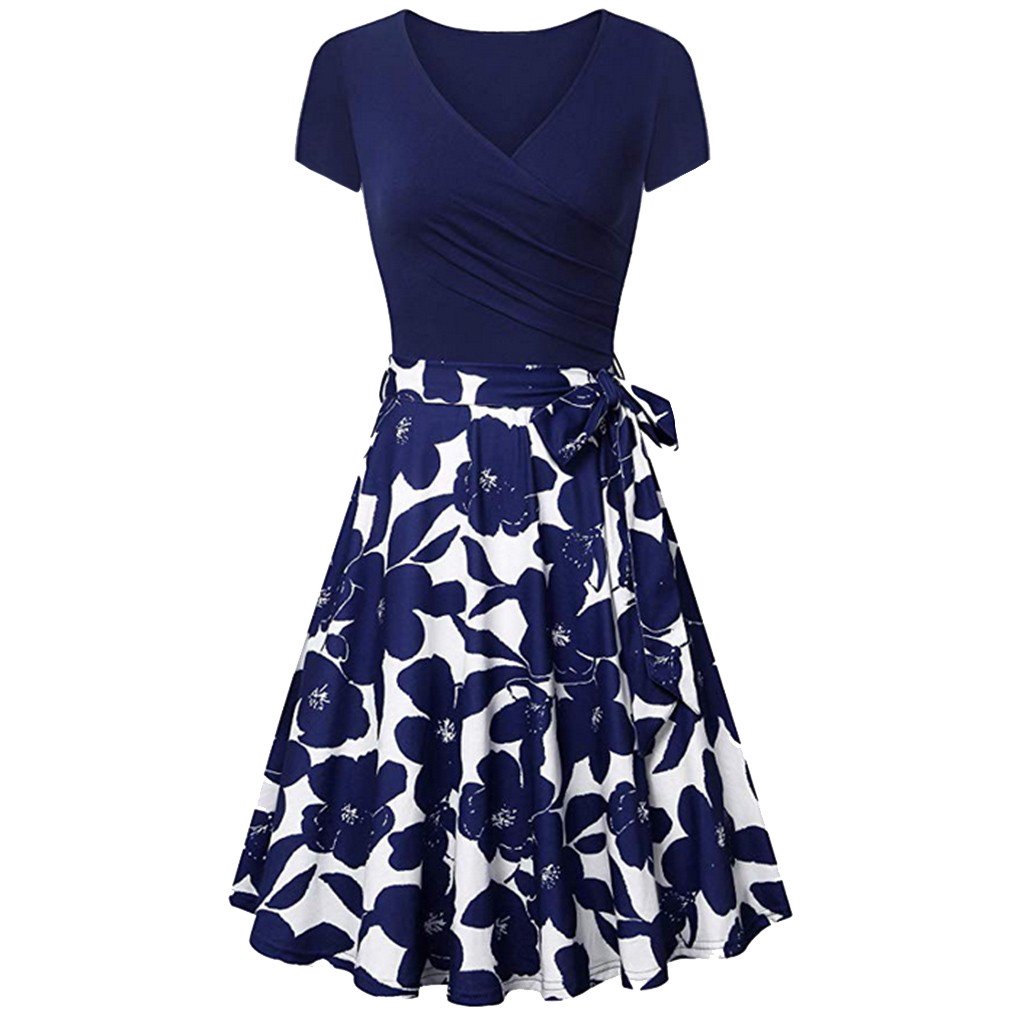 

Dress 2019 Spring Summer New Women' Short Sleeve Cross V- Neck Dresses Vintage Elegant Flared A-Line Slim party Dress plus size, Blue