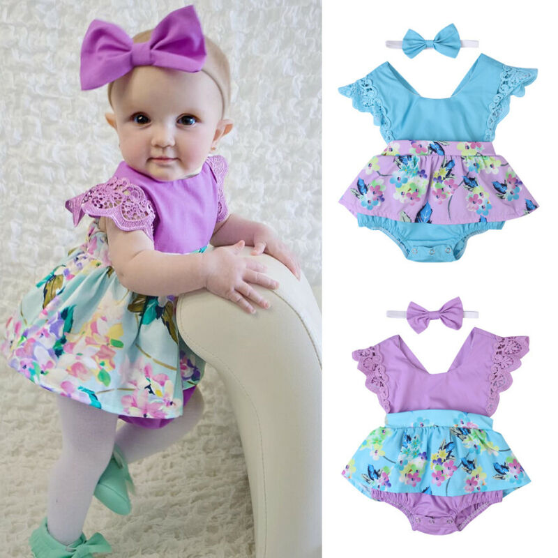 

Baby Girl Kids Clothes Summer Floral Romper Dress +Headband Jumpsuit Outfits, Blue