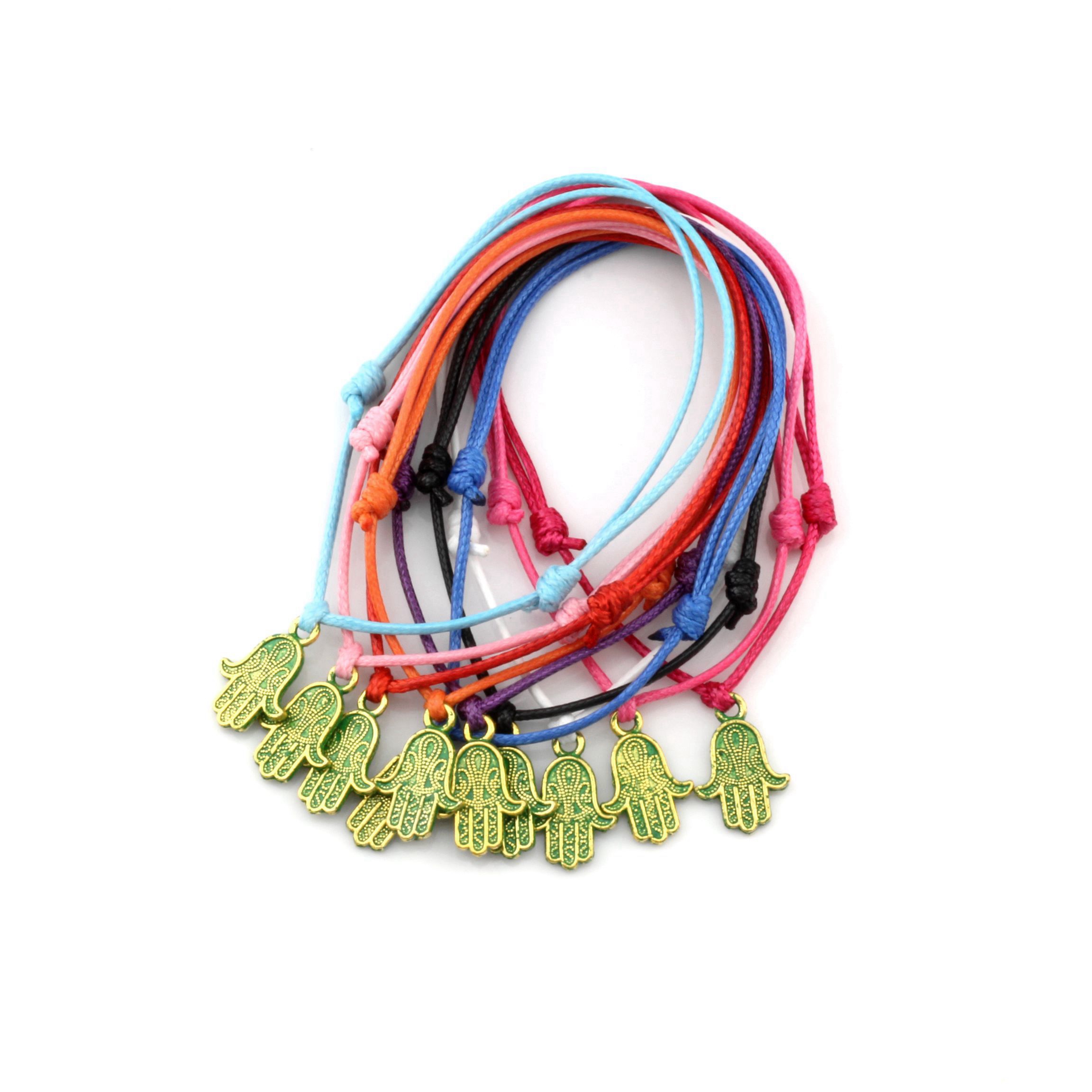 

100pcs Golden green Tone Fatima hand Metal charm Beads Adjustable Cord Wrist DIY Wax rope weave Bracelet 10color 13.2x19.5mm C-47