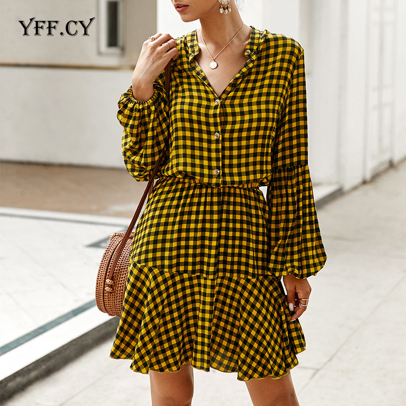 

Vintage Summer Plaid Dress Women Long Sleeve Mini Dresses Casual Ruffle Girls Female Retro High Waist Holiday Dresses Vestidos, Green