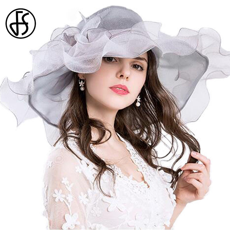 

FS Vintage Kentucky Derby Hats For Women Summer Fashion Big Flower Organza Sun Hat Wide Brim Beach Casual Beach Chapeu Feminino D19011103, Gray