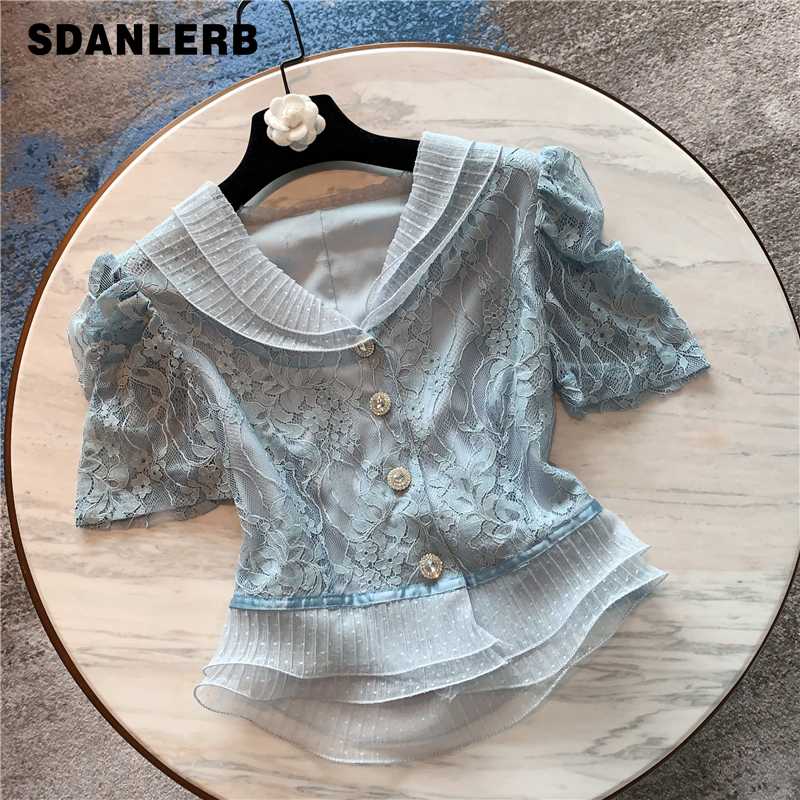 

Lace Blouse Women 2020 Summer New Temperament Blouses Mesh Lace Shirt Short Crop Top Button Shirts Slim Blusas, Black