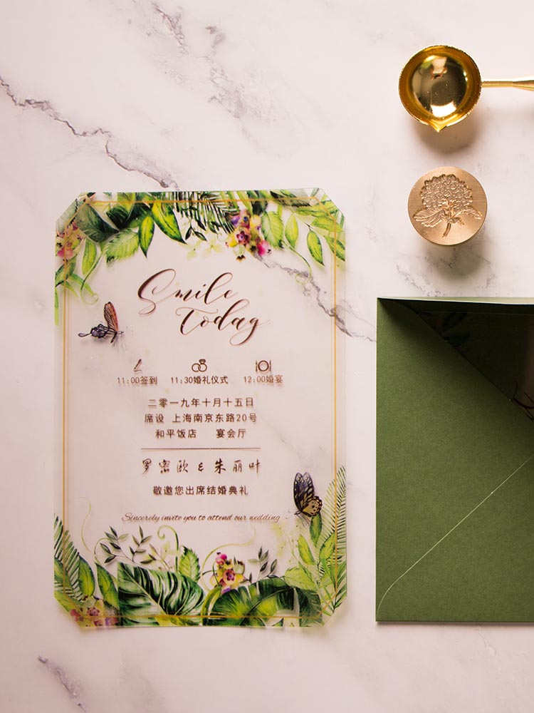 

2019 New Forest Acylic Single-Page Wedding Invitations Can Be Customized Business Greeting Card Casamento Decor Inviting Cards