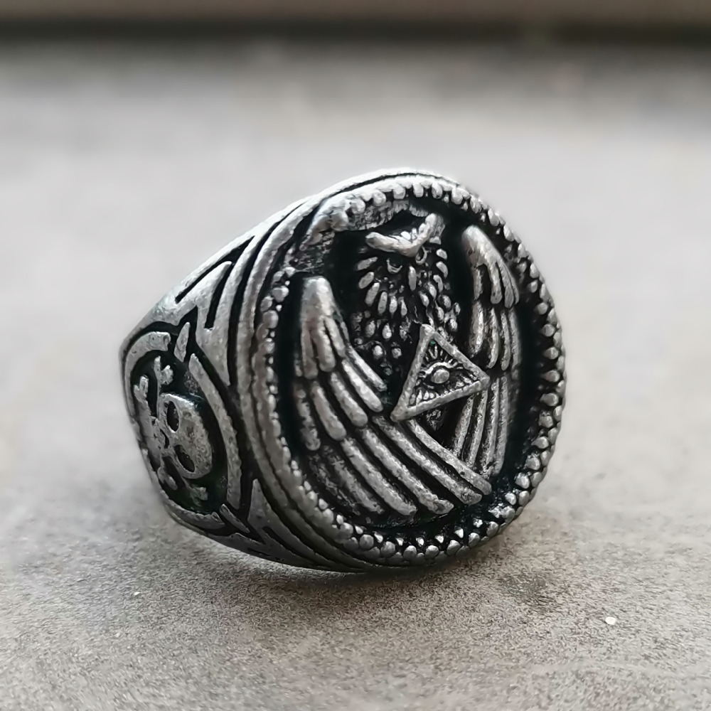 

Vintage Silver Color All Seeing Eye Pyramid Illuminati Snake Owl Skull Biker Rings Mens Masonic Jewelry