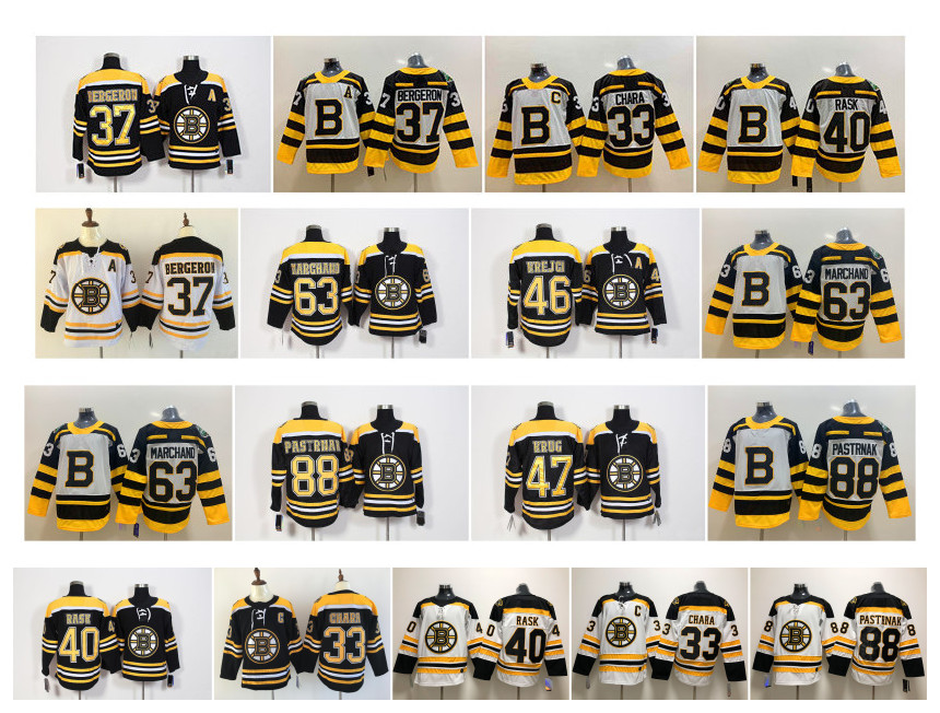 

Boston Bruins Jersey 88 David Pastrnak 37 Bergeron 63 Brad Marchand 33 Zdeno Chara 40 Tuukka Rask 46 David Krejci ice Hockey Jerseys, As pic