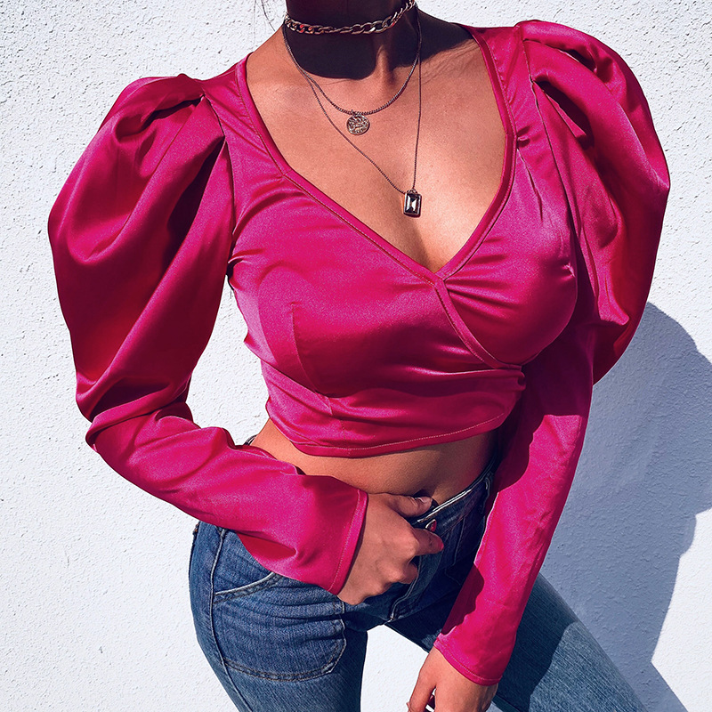 

Women' V-neck slim-fit tops with umbilical sexy bubble sleeve women, Pink