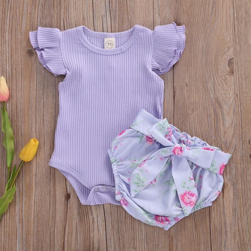

0-18M Toddler Baby Girl Summer Clothing Ribbed knitted Romper Short Sleeve Floral Bow High Waist Shorts 2pcs Baby Girl Suits, Purple