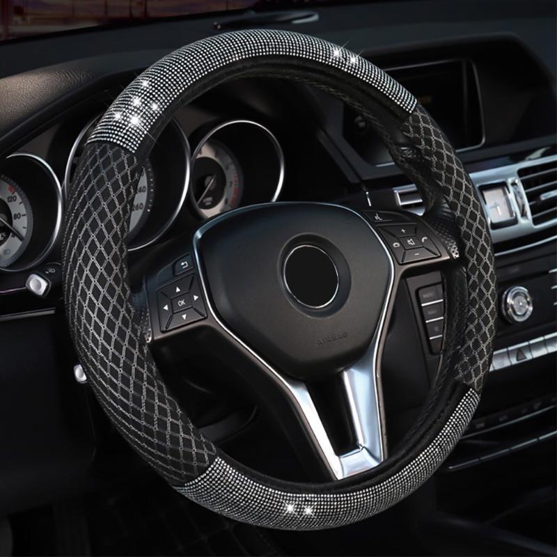 

38cm/15'' Black Blink Diamond PU Leather Car Steering Wheel Cover Breathable Non-Slip Ice Silk for Girl Lady Black