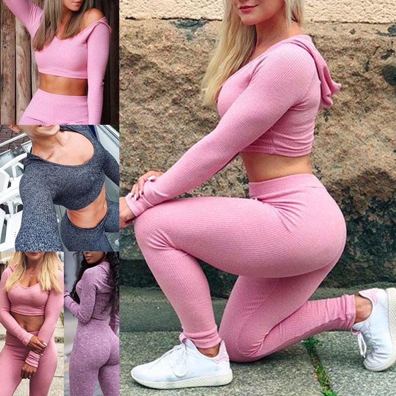 

Women Tops with Pants Yoga Suit Hooded Long Sleeves Breathable Slim Fit Clothing Set DX88, Light grey