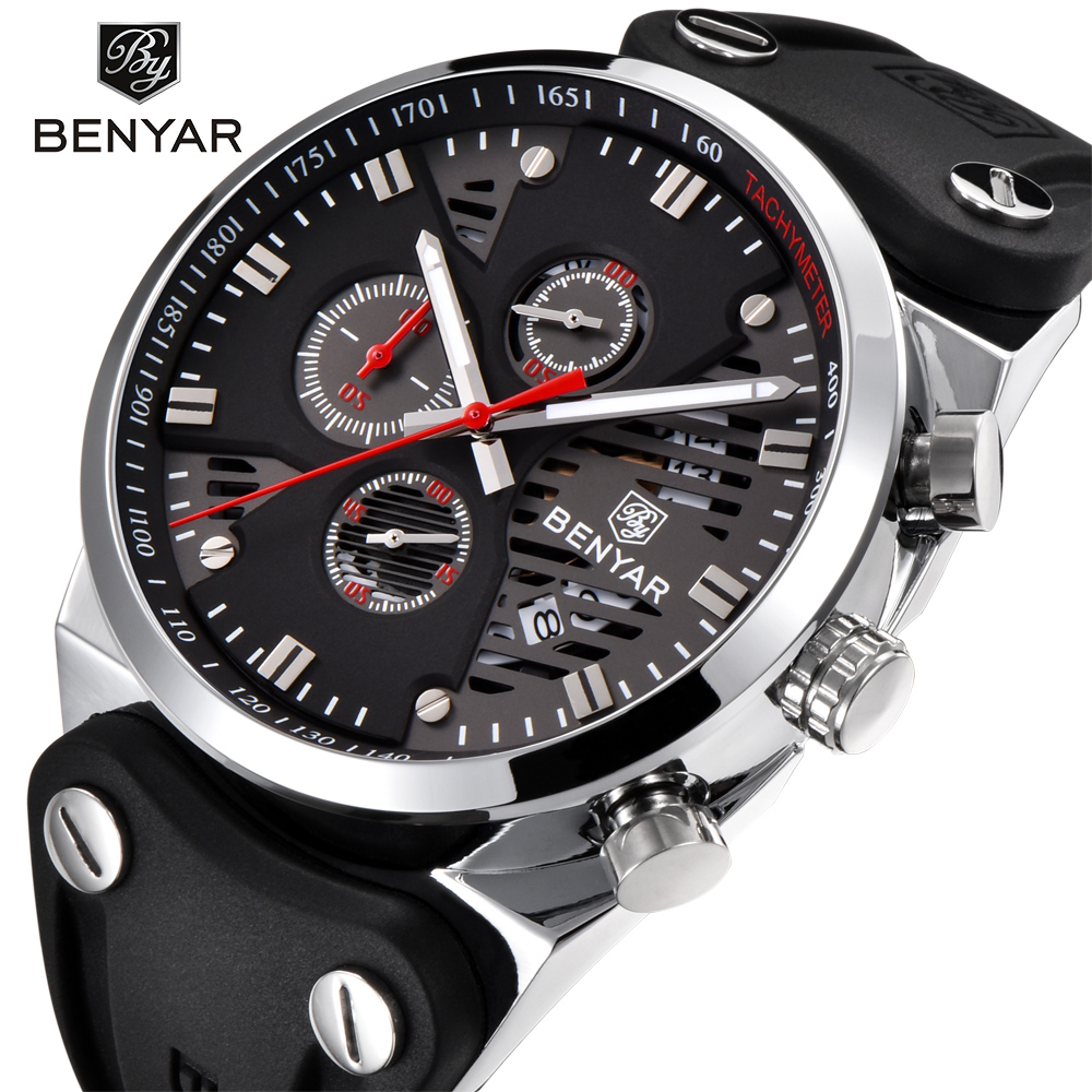 

BENYAR 2018 New Skeleton Calendar Men's Watches Chronograph Real Three Dial Waterproof 30M Outdoor Hollow Sports Watch white red, Black