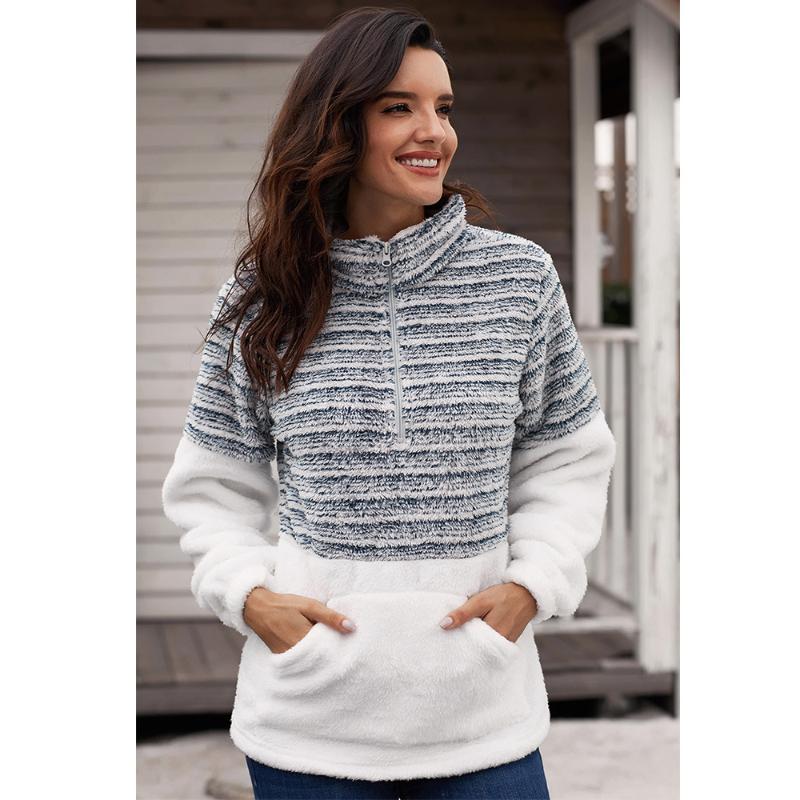 

Plush pullover coat women' new lapel zipper long sleeve sweater contrast color warm top 85249, Black