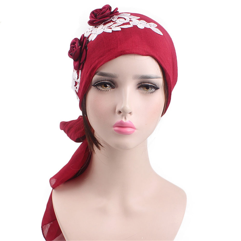 

Autumn Headscarf Hair Accessories Flowers Lace Female Headband Muslim Headscarf Chiffon Scarf Wrap Cap Makeup Cap