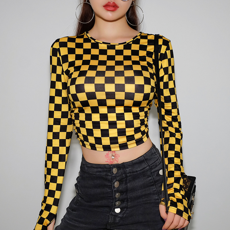 

gothic 2020 Plaid T-shirt open navel tight T-shirt women' long sleeve short top women' wear tshirt, Yellow