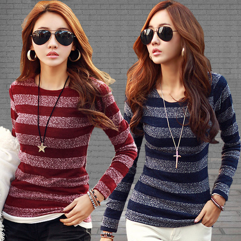 

2020 Korean Fashion Women T shirt Autumn New Arrivals Striped Knitted Tops Clothes Long Sleeve O-neck Female T-shirts 62733 Y200109, 62733 red