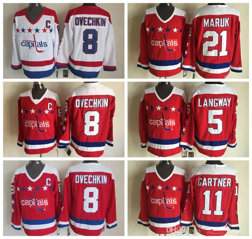 

Men 5 Rod Langway Jersey Washington 8 Alex Alexander Ovechkin 21 Dennis Maruk 11 Mike Gartner Red White Vintage Ice Hockey Jerseys, Colour 3