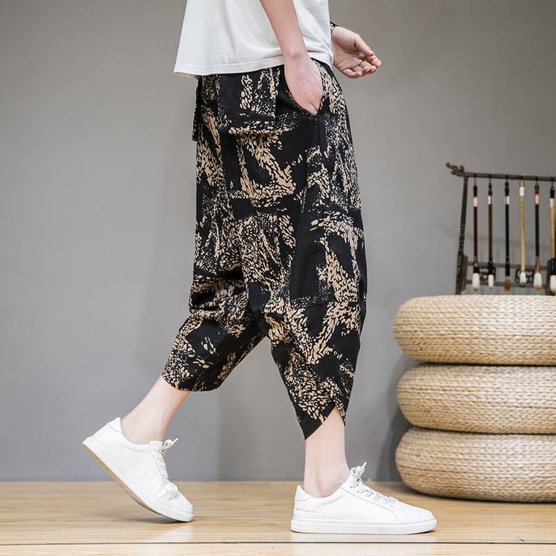 

Men Harem Pants Drop Crotch Pockets Joggers Printed Casual Trousers Men Loose Hip Hop Streetwear Baggy Cotton Wide Leg Pants, Red