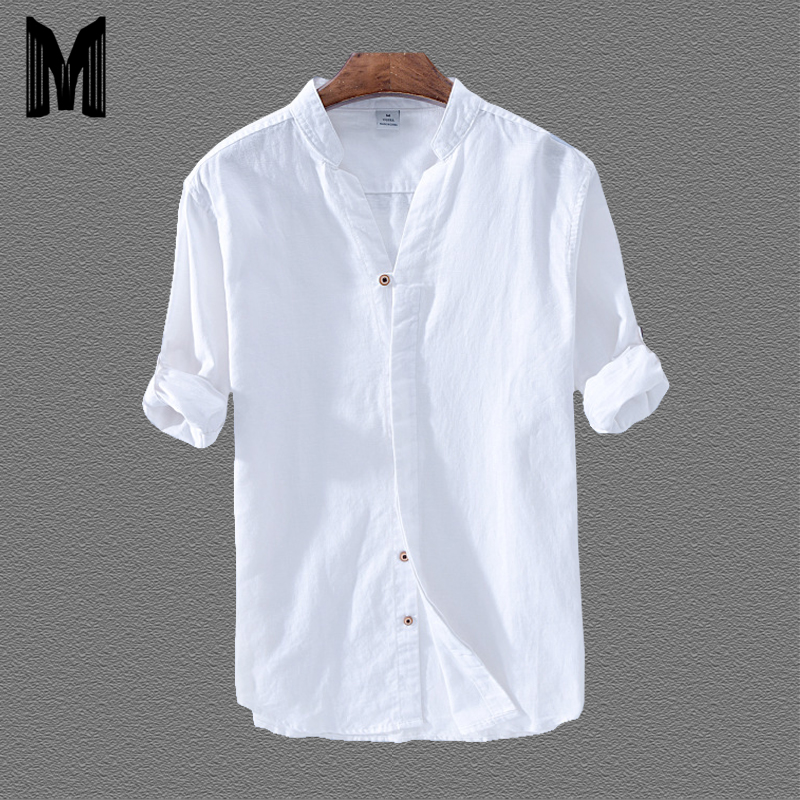 

Cotton Linen Casual Shirts Men Basic Classic White Hawaiian Shirt 2020 Spring Male Long Sleeve Stand Collar Breathable Thin Tops, Khaki