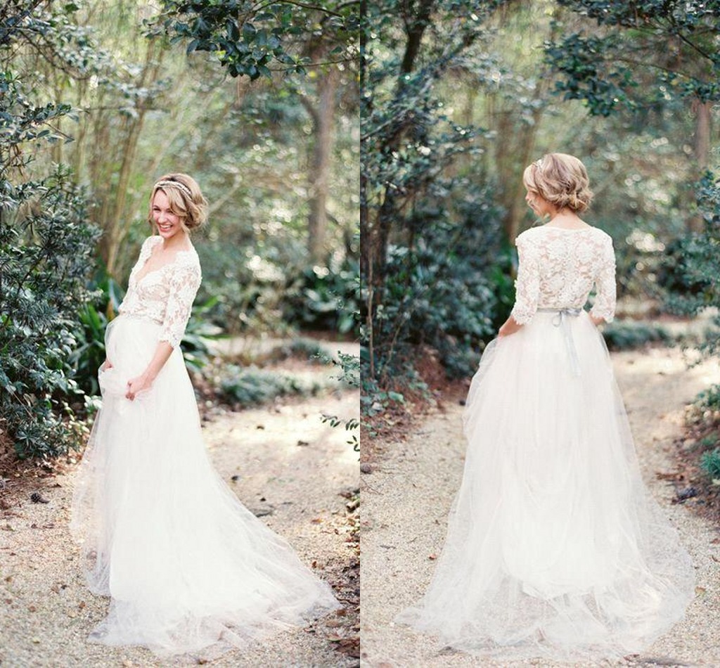 Bohemian Lace Country Wedding Dresses Sexy V Neck Half Sleeved Boho Vintage Bridal Gowns For Pregnant Women Plus Size Women Reception Party Marriage