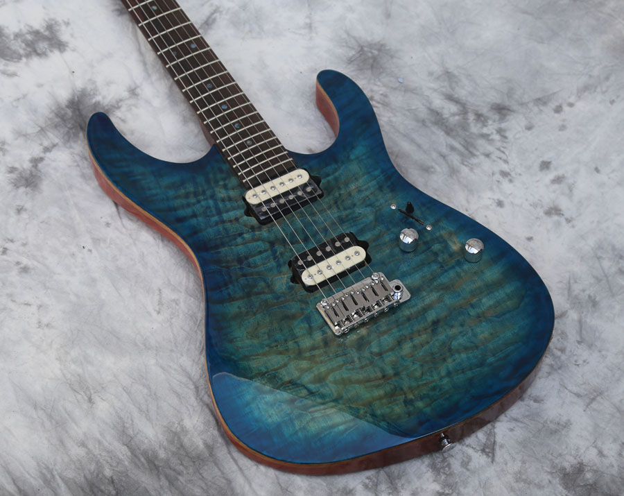 

Custom High Quality Electric Guitar, Best Guitar, tiger flamed Mahongay body,blue quilted,zabra pickups, in stock, shipped out quickly