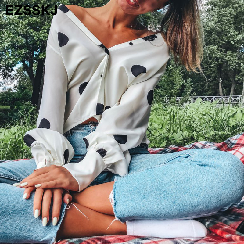 

French retro wave point chiffon Blouse shirt women 2019 spring autumn long sleeve loose temperamen female big dot shirt, Black