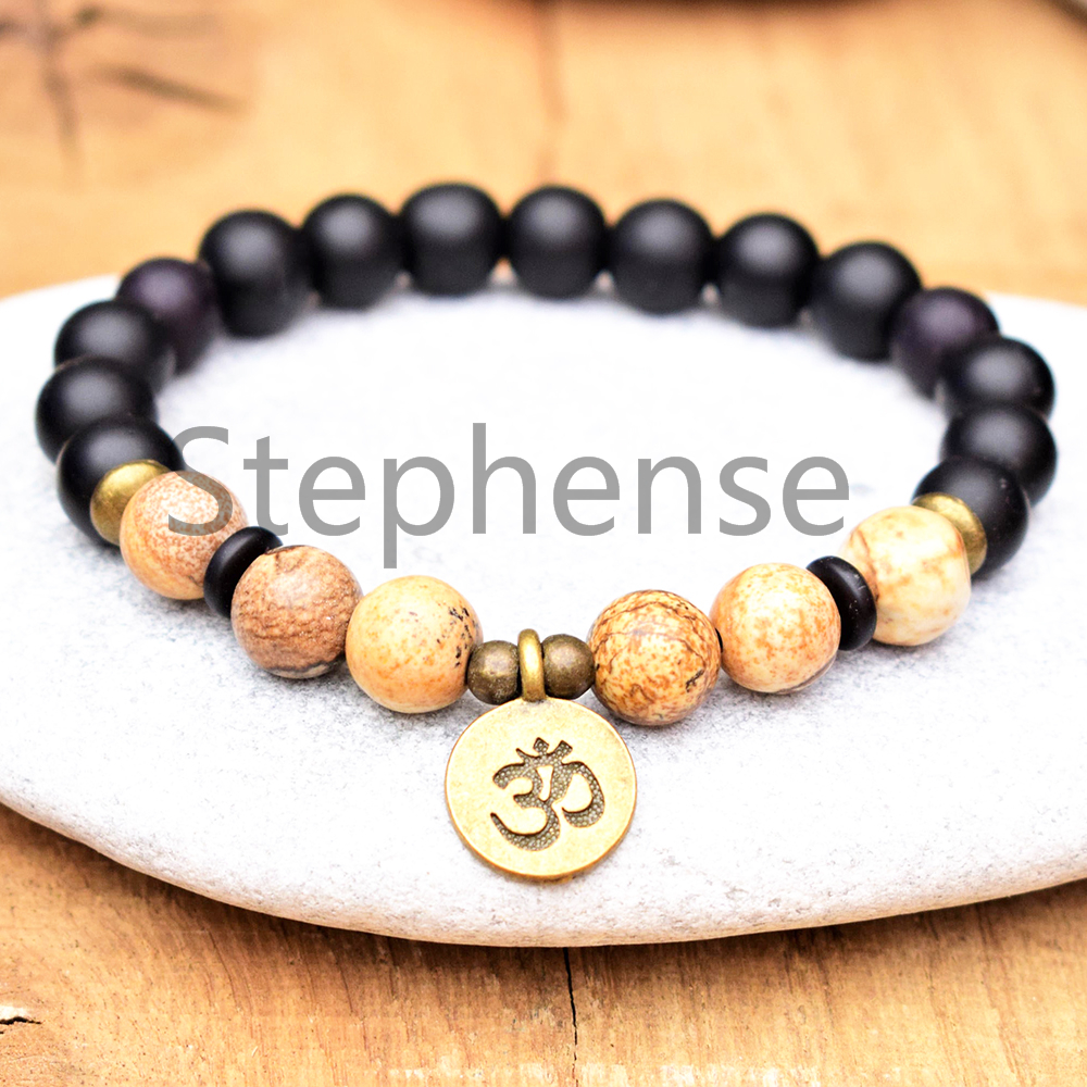 

MG0626 Matte Black Onyx Bracelet Natural Picture Jasper Ohm Charam Bracelet Women`s Yoga Balance Mala Bracelet