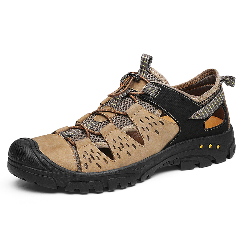 

Genuine Leather Men Sandals Plus Size 38-46 Cow leather shoes men Breathable walking shoes Summer Beach zapatos hombre, Black
