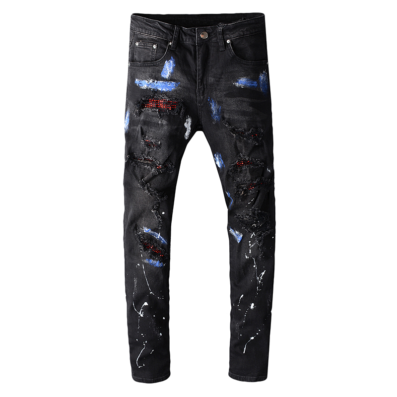 

Sokotoo Men's crystal blue painted black jeans Fashion slim skinny rhinestone holes ripped patchwork stretch denim pants