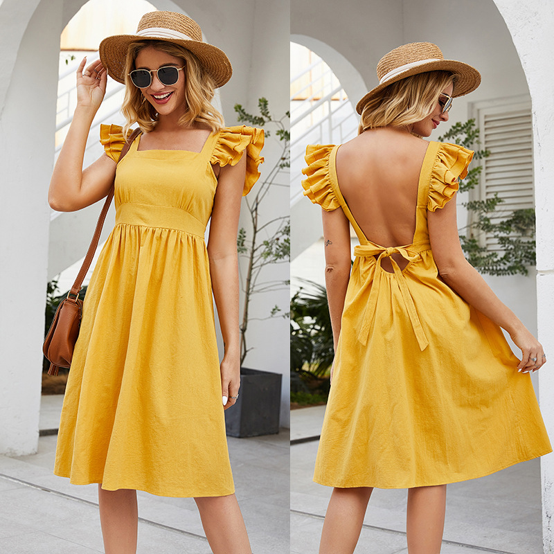 

Hot Sale 2020 Spring and Summer New Sleeveless Stitching Ruffle Sleeve Square Collar Solid Color Open Back Lace Dress, Yellow