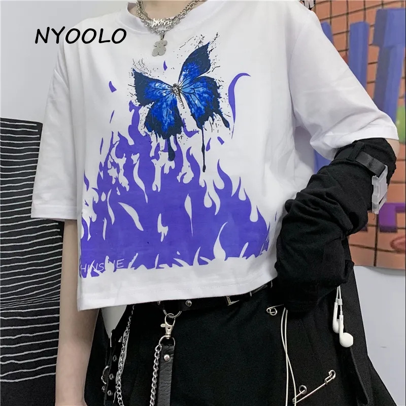 

NYOOLO 2020 Summer streetwear flame butterfly print short sleeve t-shirt women clothing Harajuku O-neck punk tee shirt tops, White