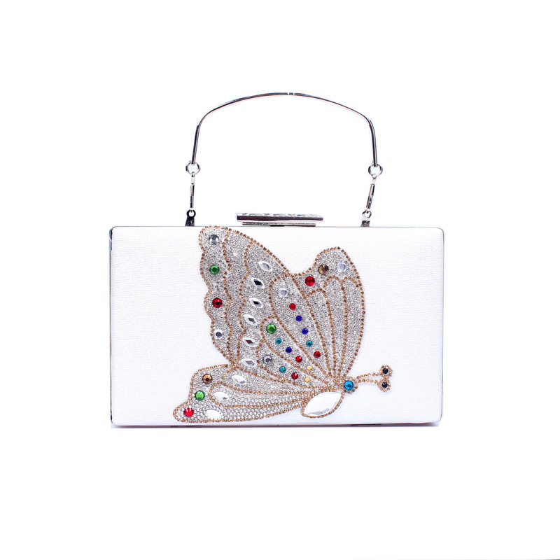

women golden Square Flat Clutch with Diamond Butterfly female white Dinner Handbag girls black one shoulder Cross Body Chain bag, Color same as pictur