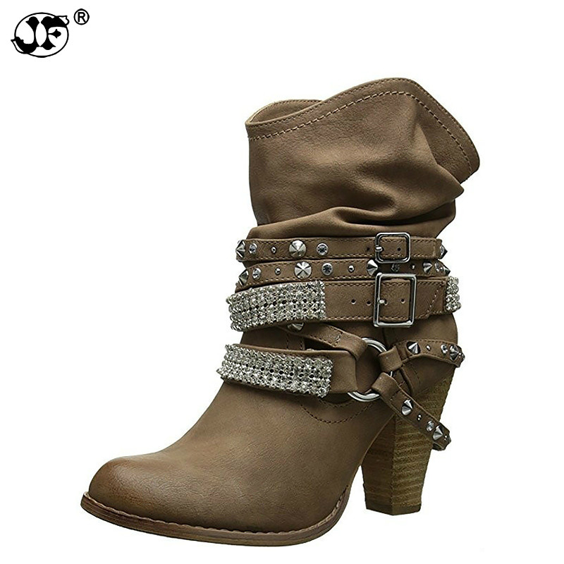 

Women's boots crystal spike heels ankle boots big size 4.5-10.5 hard-wearing female boot 2019 fashion autumn889, Black