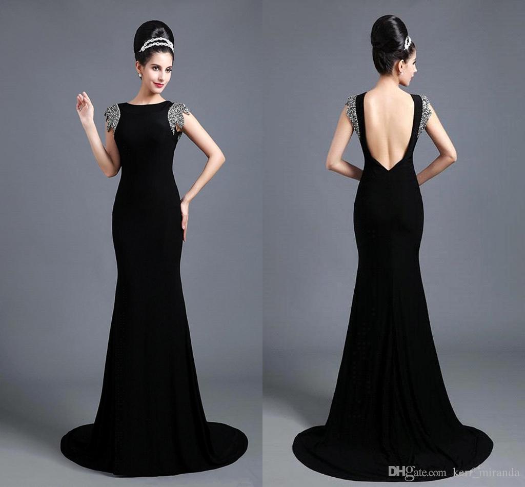 

Custom Made Fancy Lady Formal Dresses Black Spandex Mermaid Party Gown Bateau Sweep Train Sequin Beaded Backless Evening Dresses, Ivory