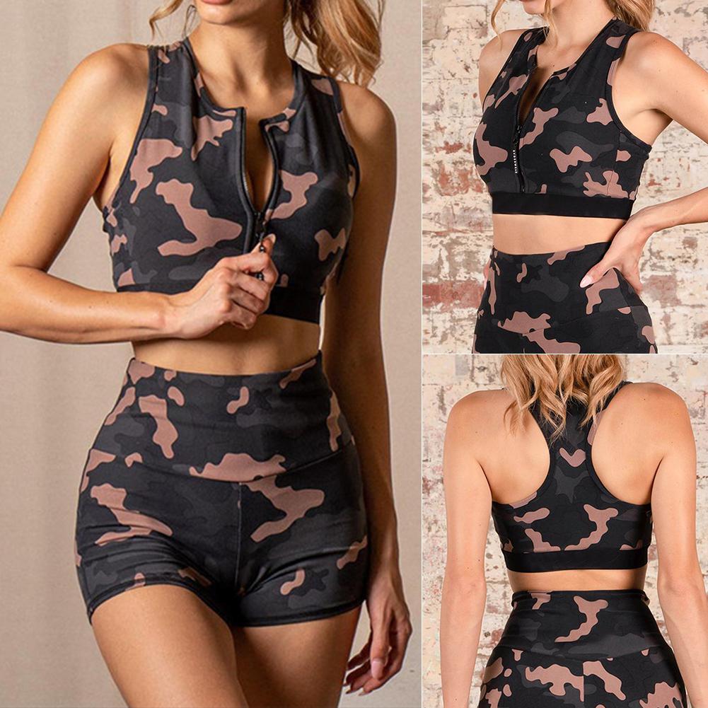 

MISSKY 2pcs/set Women Camouflage Matching Leisure Yoga Exercise Sports Suit