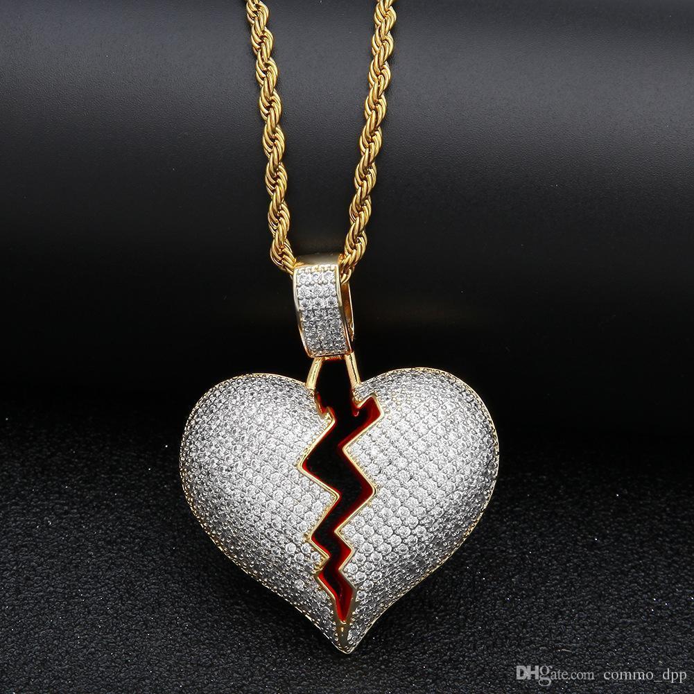 

Iced Out Cz Broken Love Heart Pendant Necklaces Bling Cubic Zirconia Gold Silver Charm Twisted Chain For Women Men Rapper Hip Hop Jewelry