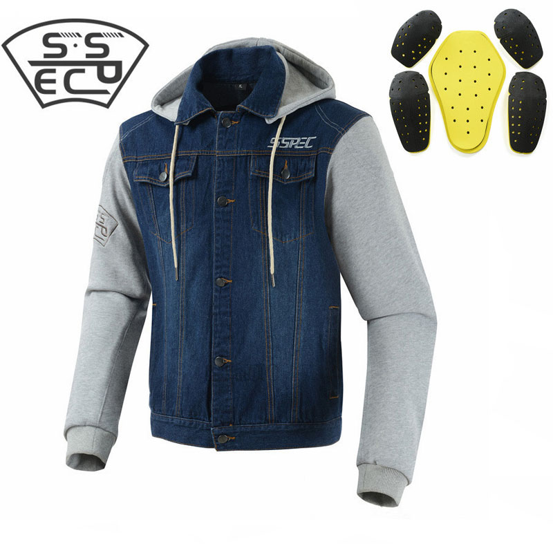 

SSPEC Spring Summer Men' Denim Motorcycle Jacket Motocross Racing hoodies fashion casual sweater jacket With Protectors ~XXXL