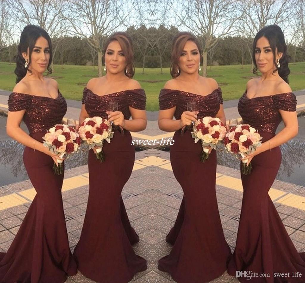 

Burgundy Sparkly Sequins Off Shoulder Long Bridesmaid Dresses Mermaid 2020 Arabic Formal Sexy Wedding Guest Gowns Evening Dress