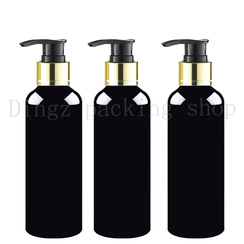 

30pcs 100/150/200/250ml gold collar black pump plastic pet black bottle for cosmetics packaging,shampoo lotion container pump