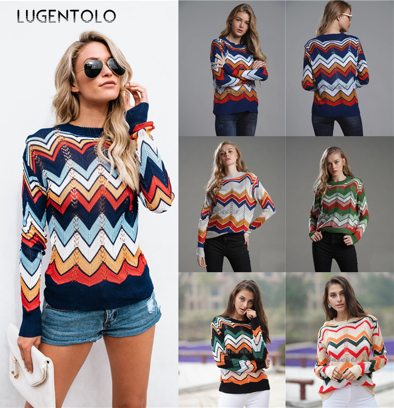 

Lugentolo Women Sweater Spring Autumn Knitted O-neck Rainbow Long Sleeve Stripe Loose Casual Fashion Lady Pullovers Sweaters, Black