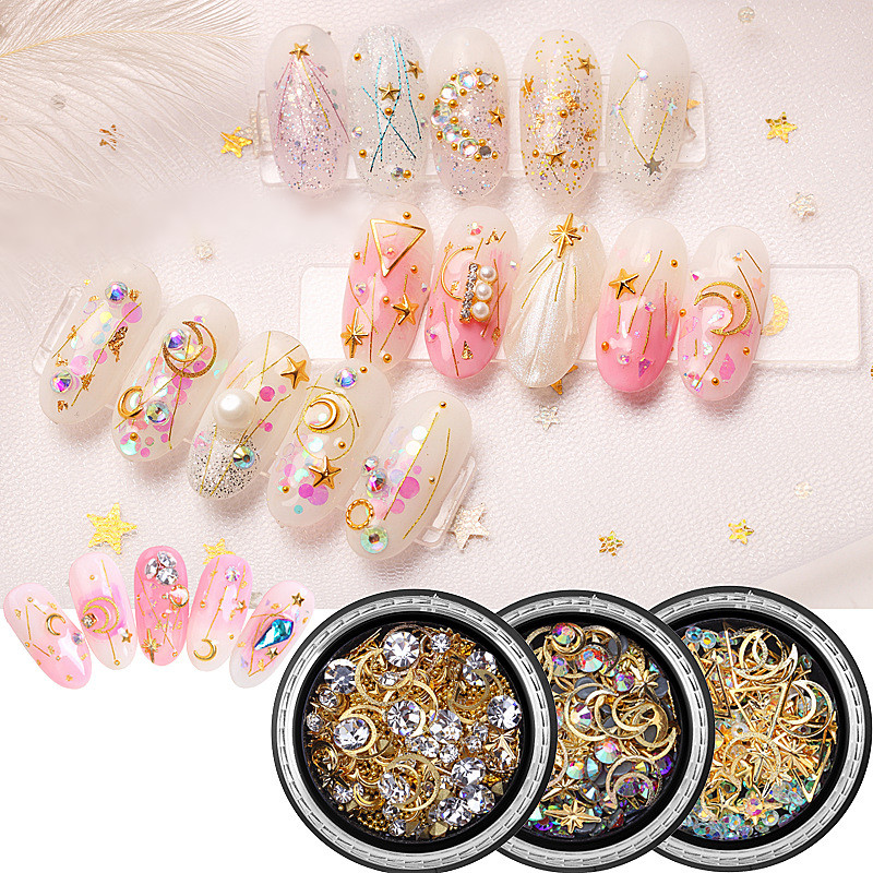 

1 box Gold Moon Star Nail Studs Line Stone Pearls Nail Parts Decoration Star Circle Moon Art Salon