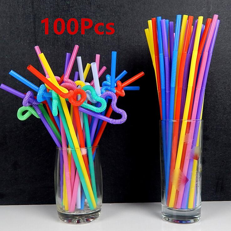 

100pcs Bendable Plastic Random Drinking Straws Striped Birthday Wedding Party Dt