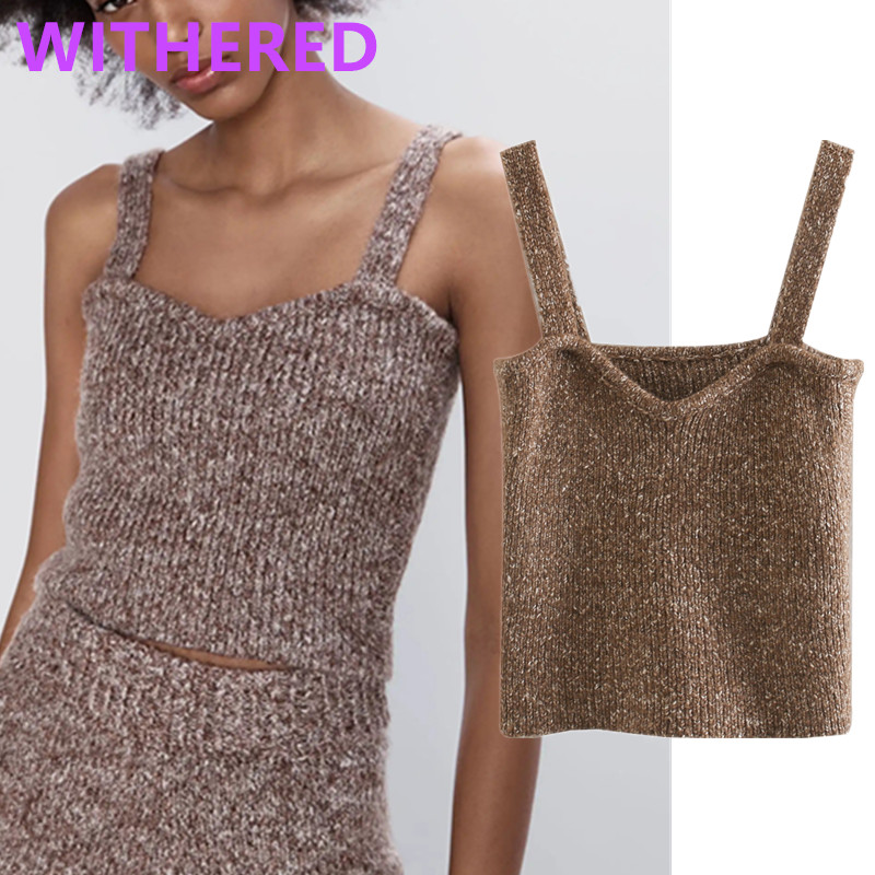 

Dave&Di england vintage knitted Camisole spaghetti strapless t shirt women harajuku tshirt camisetas verano mujer 2020 Crop Top