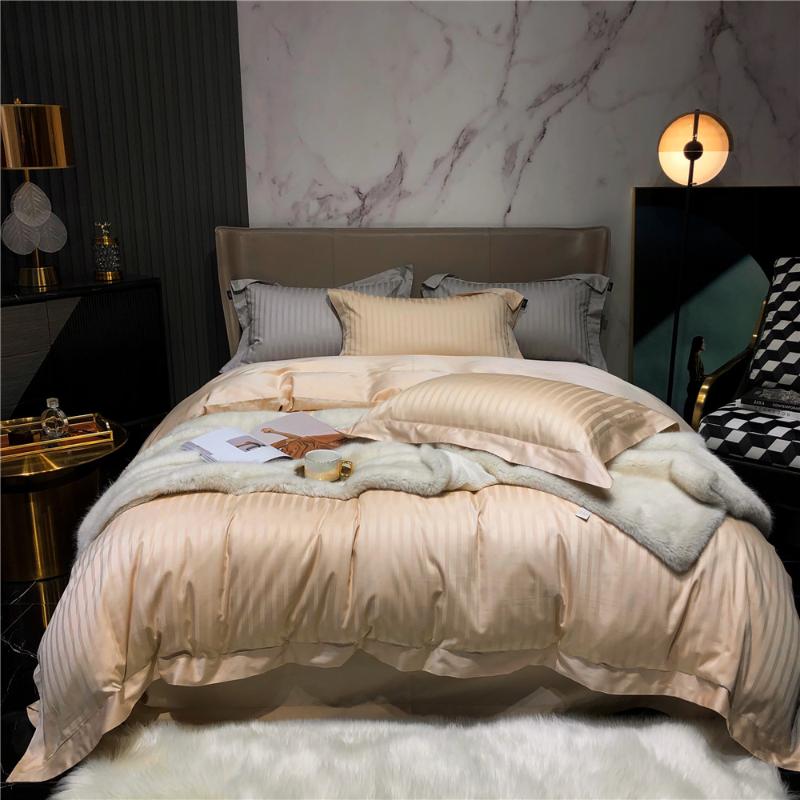 

4 Piece Duvet Cover Bedsheet Pillowcases Luxury Egyptian Cotton Quilt Covers Euro Bedding Set King Size Linens Pink Satin Stripe
