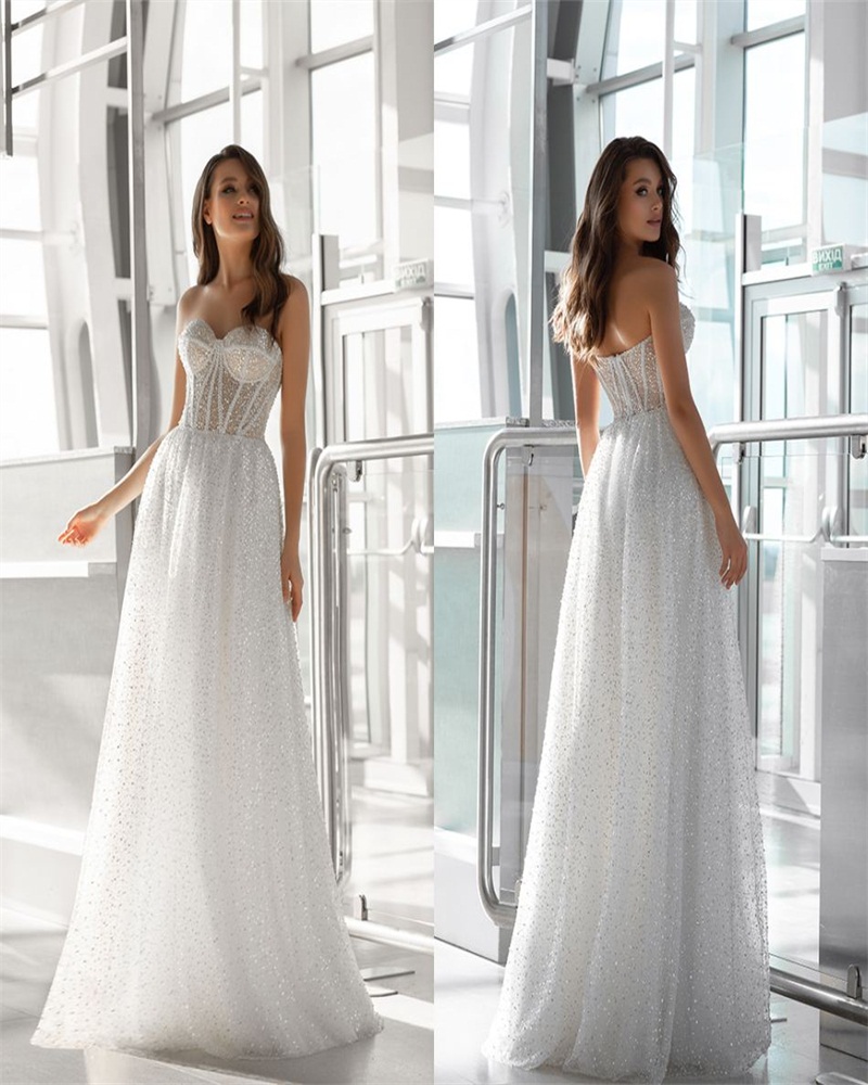 Glitter Beach A-line Wedding Dresses Sexy Strapless Sleeveless Full Sequins Bridal Dress Ruched Tulle Sweep Train Bridal Gown Custom Made